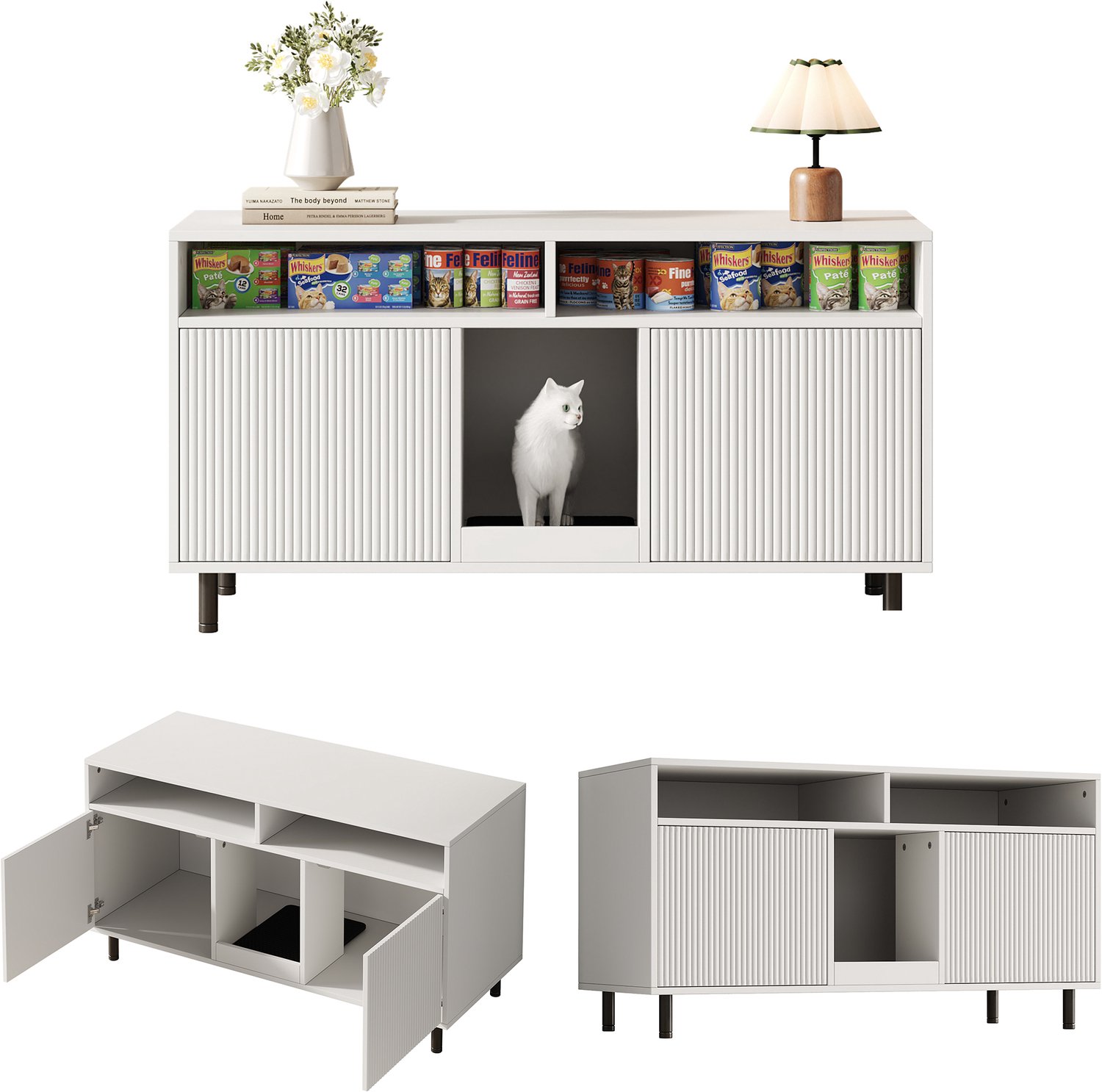 Kattenbakkast voor twee kattenbakken - Met uitloopmat en opbergruimte - Twee ribbeldeuren - Voor katten - Wit MDF 120 x 50 x 66 cm