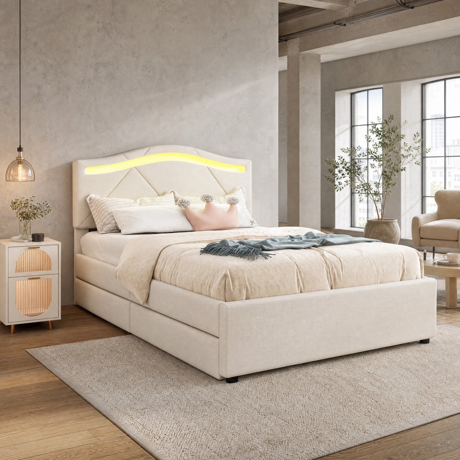 CHICFURN Gestoffeerd bed 90 x 200 cm - LED-verlichting - 2 lades - Beige