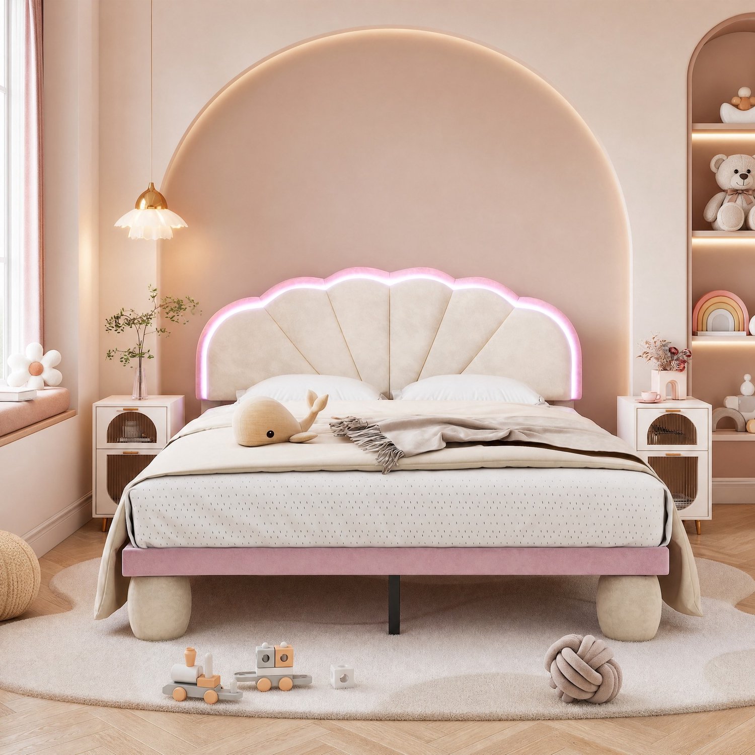 CHICFURN Gestoffeerd bed 140 x 200 cm - lichtstrips - lattenbodem - beige en roze