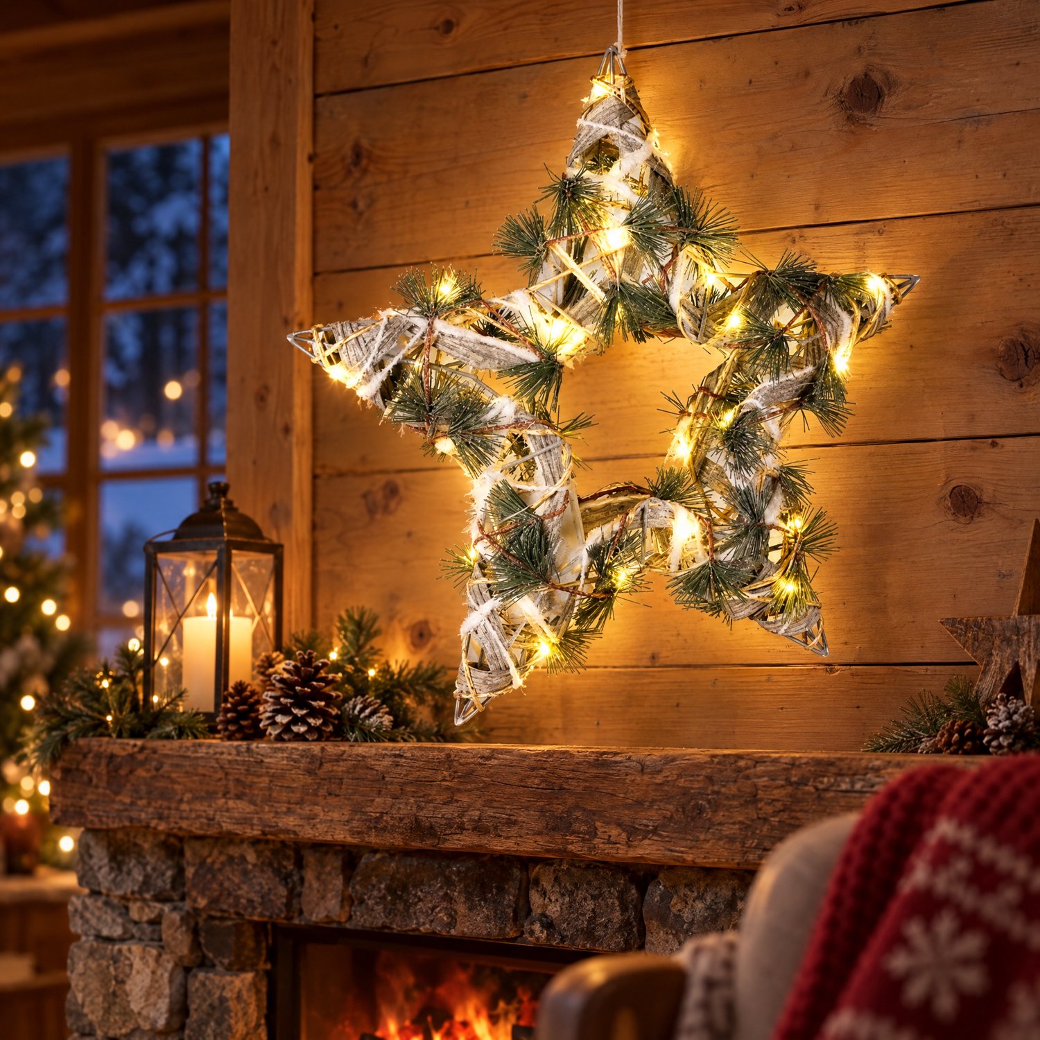 Cheqo® Groene Kerstster met Verlichting - LED Kerstlampjes op Batterijen met Timer - Hangende Ster - Warm Wit Licht - Besneeuwde Kerstkrans - Kerstdecoratie voor Binnen - Kerstverlichting - Kerstversiering - Sfeerverlichting - Raamdecoratie