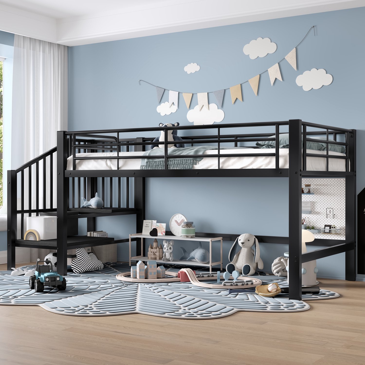 MUVANO Halfhoogslaper 90 x 200 cm - Zwart metalen bedframe met opbergtrede - 79,5 cm bodemruimte - Kinderbed met lattenbodem voor de slaapkamer