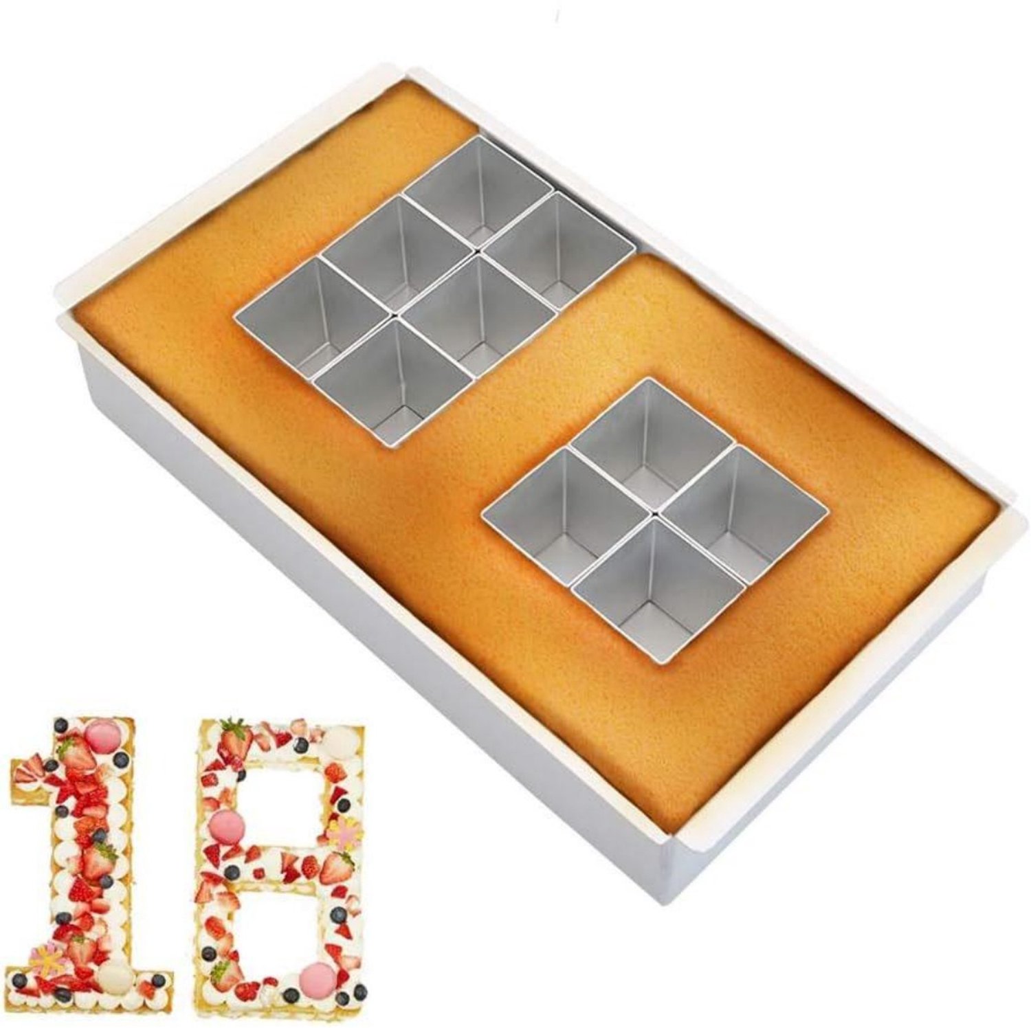 SSTRWGOOD Verstelbare Motiefbakvormen - Cijfer- en Lettercakevormen - Anti-aanbak Aluminium Bakvormen Set - Geschikt voor Taartdecoratie bij Feesten, Verjaardag en Bruiloft - 31,8x18,2x5,6 cm, Kleine Vorm 4,5x4,5x5,5 cm - Vaatwasserbestendig