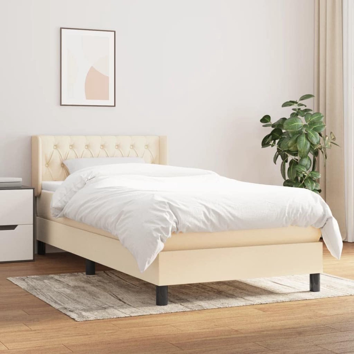 Boxspringbed met matras, crème, 90 x 190 cm, stof, hoofdeinde, in hoogte verstelbaar, pocketveringmatras, middelhard, huidvriendelijk, voor een goede nachtrust