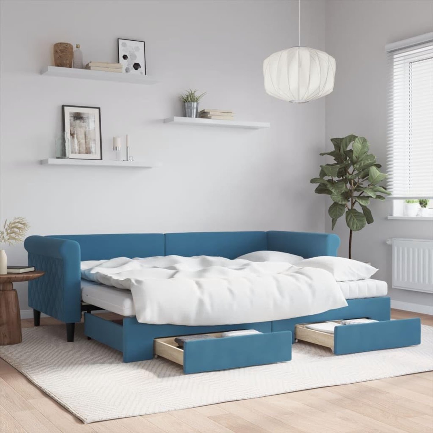 Dagbed met schuifladen, blauw, 80 x 200 cm, fluwelen hoes, 2-in-1 slaapbank met schuimmatras en opbergruimte, als praktische oplossing voor het logeerbed voor de woonkamer