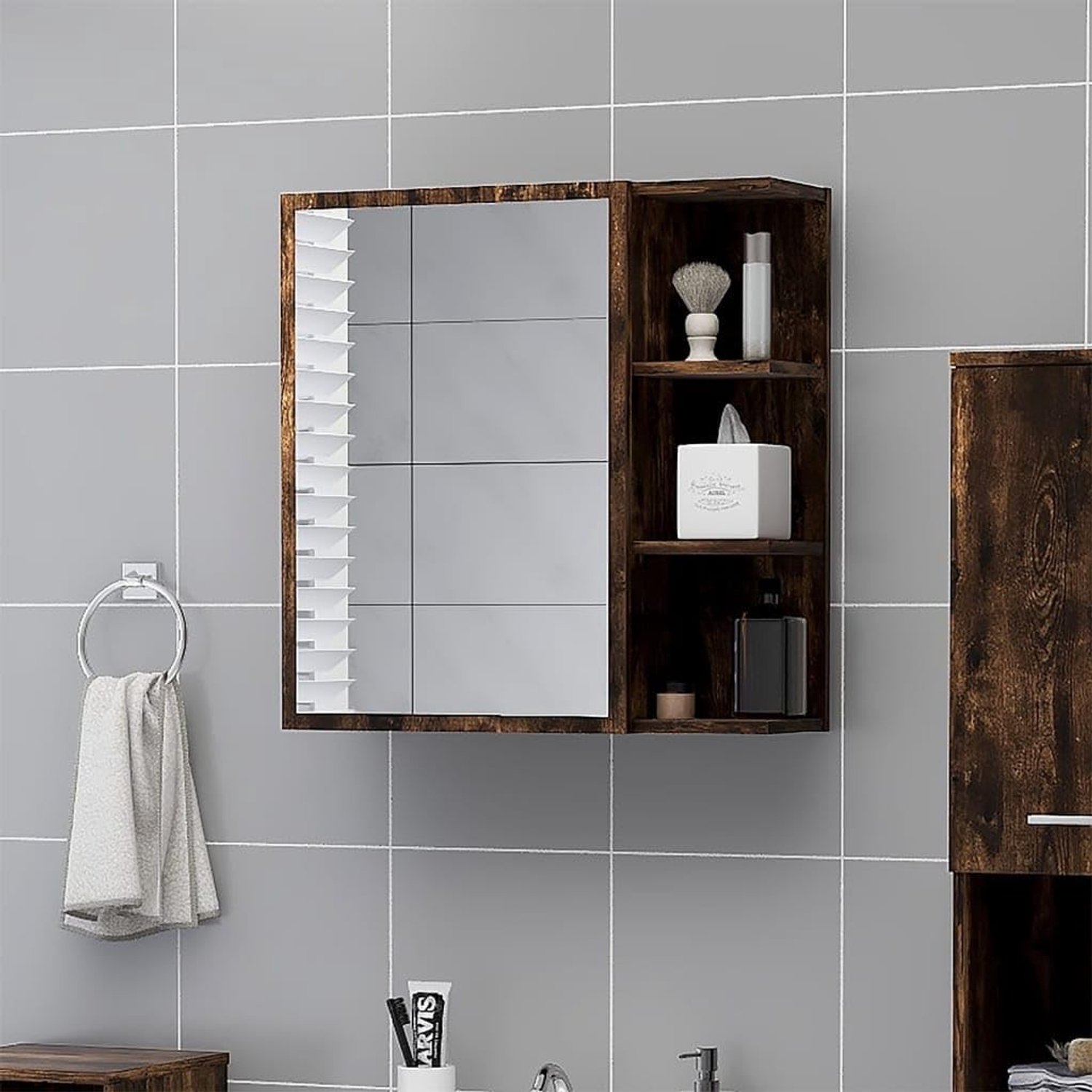 Wandspiegel voor de badkamer decoratieve wandspiegel thuis badkamerkast badkamer spiegelkast rook eiken 62,5 x 20,5 x 64 cm hout materiaal voor woonkamer, keuken, badkamer, espresso