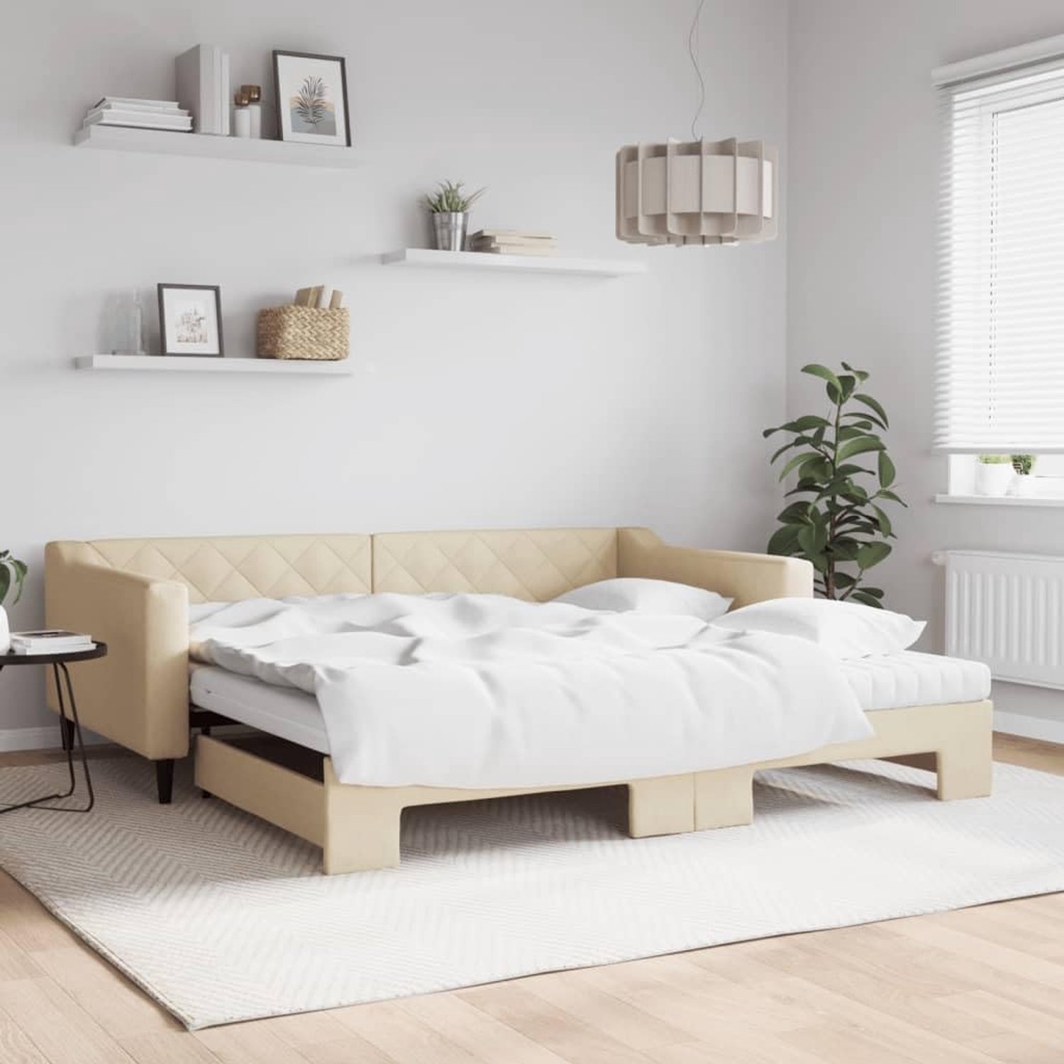 2 in 1 slaapbank met onderschuifbed Schuimmatras Crème 100x200 cm