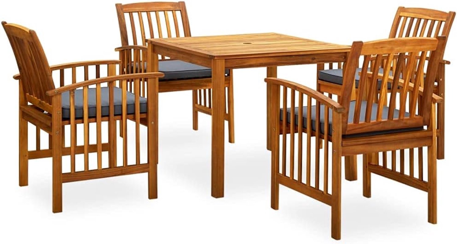 5-delige tuineetset met kussens van massief acaciahout, bestaande uit eettafel en stoelen met olieafwerking voor terras en tuin