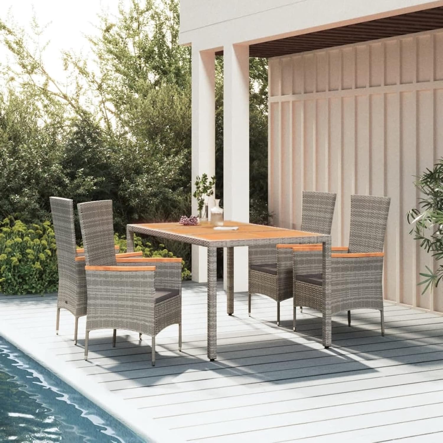 5-delig. Tuin eetgroep, zitgroep tuin 4 personen, terrasmeubels, tuinmeubelen, eettafel met houten tafelblad & 4 stoelen, met kussen grijs polyrotan