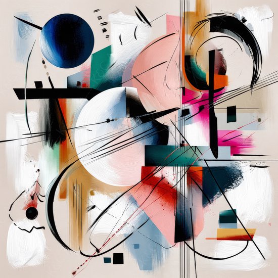 Abstract glazen schilderij met geometrische cirkels en lijnen in blauw, roze, groen, rood en zwart op een beige achtergrond.