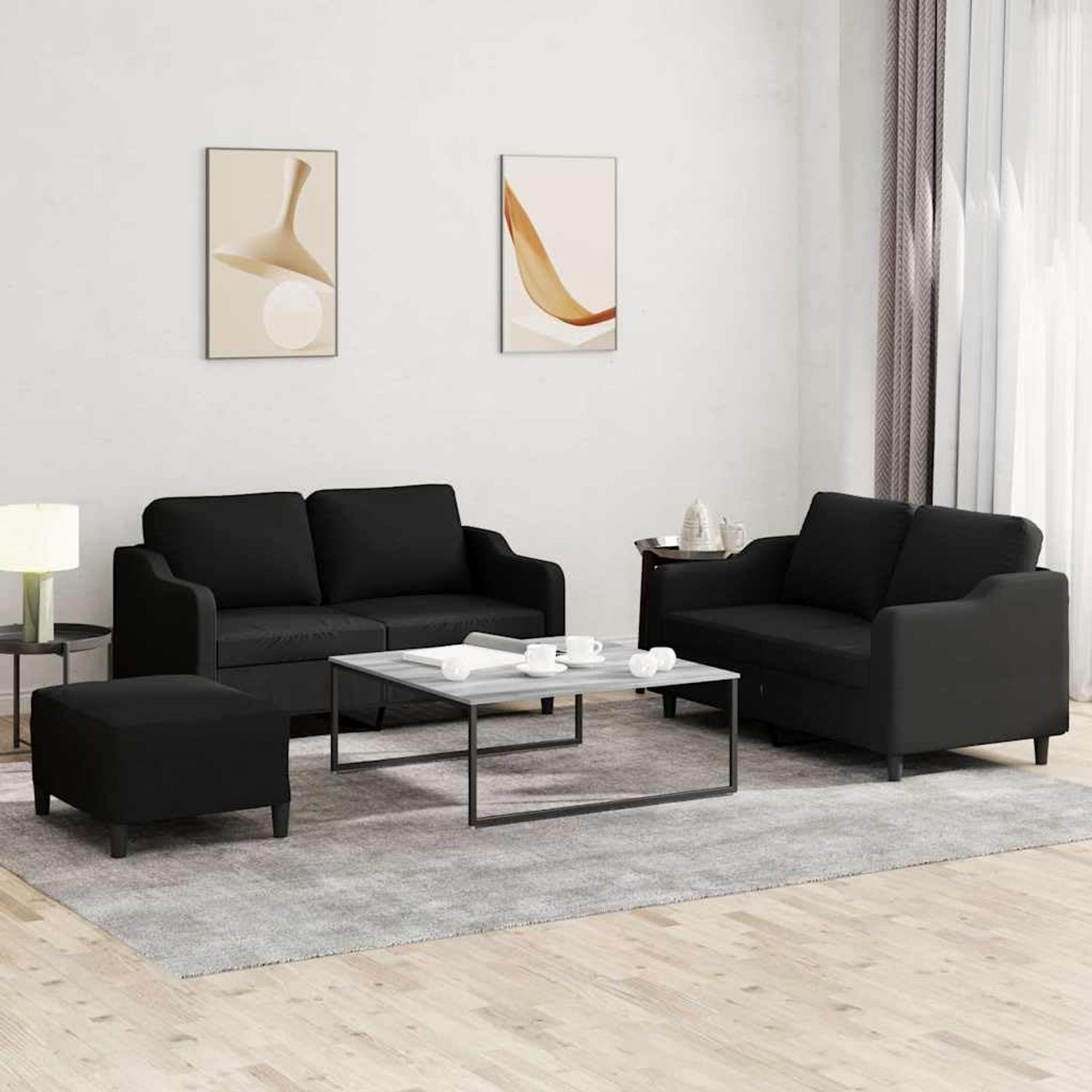 3-zits zitsbank bankstel 3-delig met kussen in zwart van duurzame stof voor woonkamer en lounge