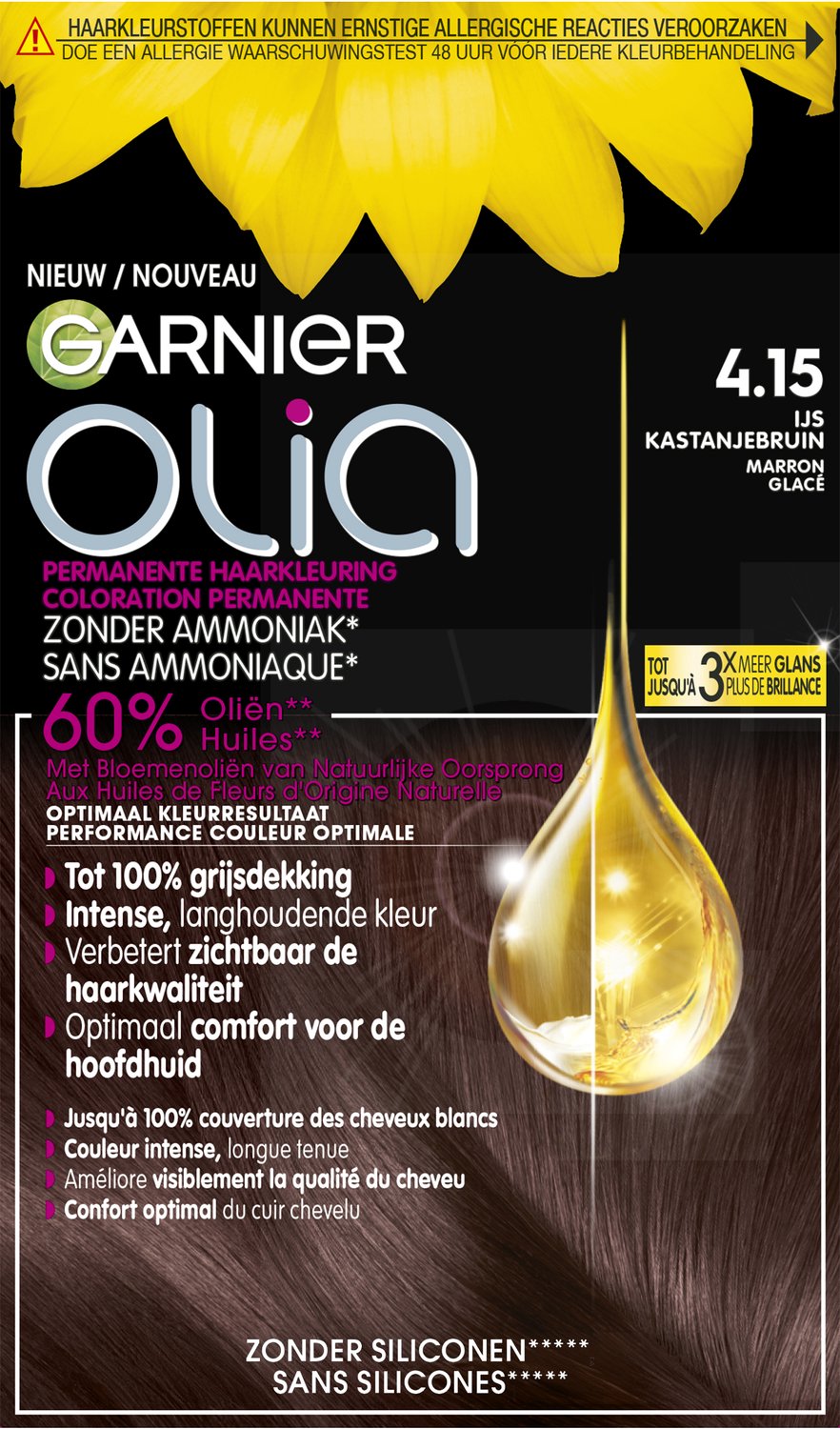 Garnier Olia Kastanje Middenbruin 4.15 - Permanente Haarkleuring Zonder Ammoniak - Tot 100% grijsdekking - Haarverf