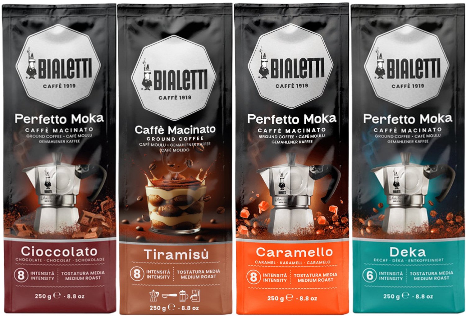 Bialetti Perfetto Moka Cioccolato Tiramisu Caramello Deka - Mixverpakking - Gemalen Koffie - 1000g (4x250g)