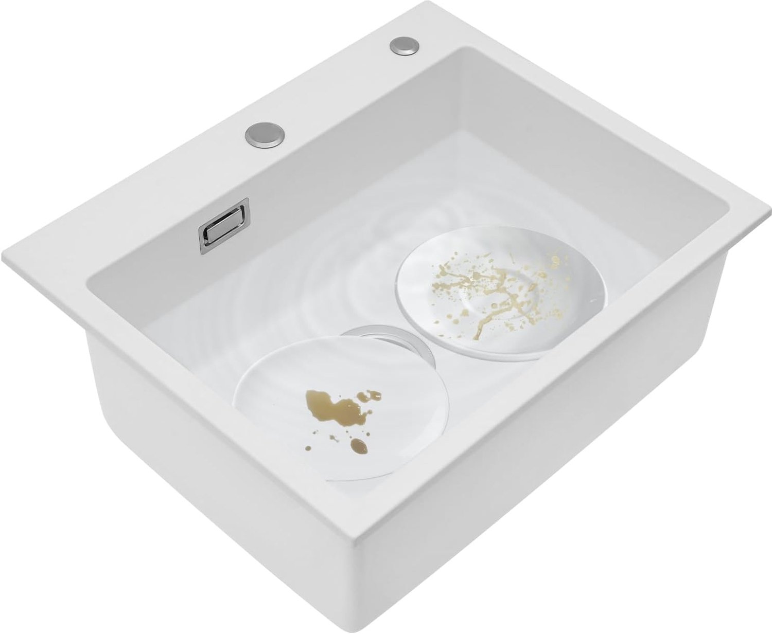 55 x 45 cm, moderne inbouwspoelbak met afvoerpijp en afvoermand, 12 mm spoelbaksokkel, draagvermogen 100 kg, kwartssteen, voor keuken, badkamer