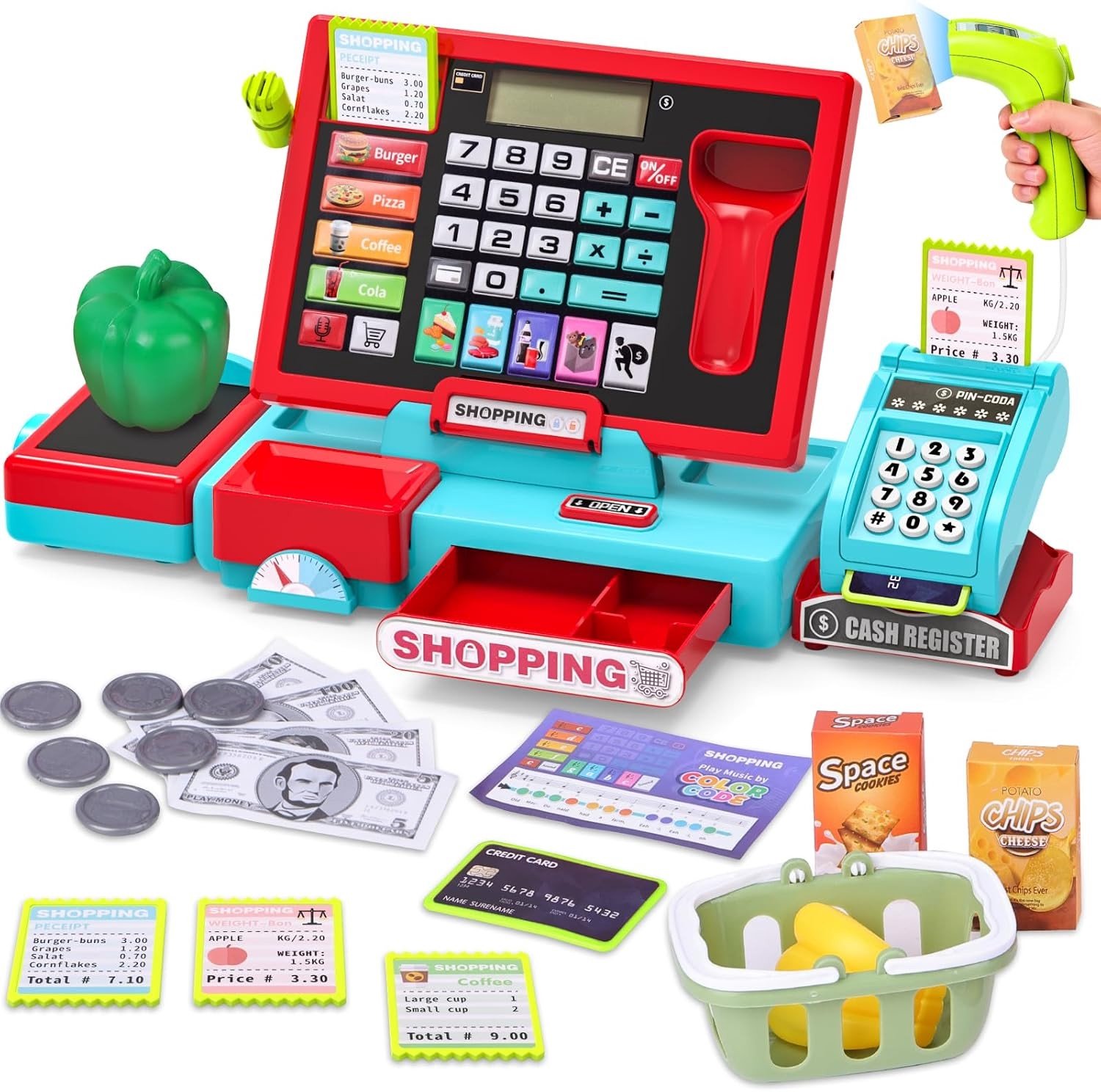 Speelgoed kassasysteem voor kinderen met scanner en geluid, educatief spel met accessoires, ideaal voor kinderen vanaf 3 jaar, stimuleert rekenen en creativiteit
