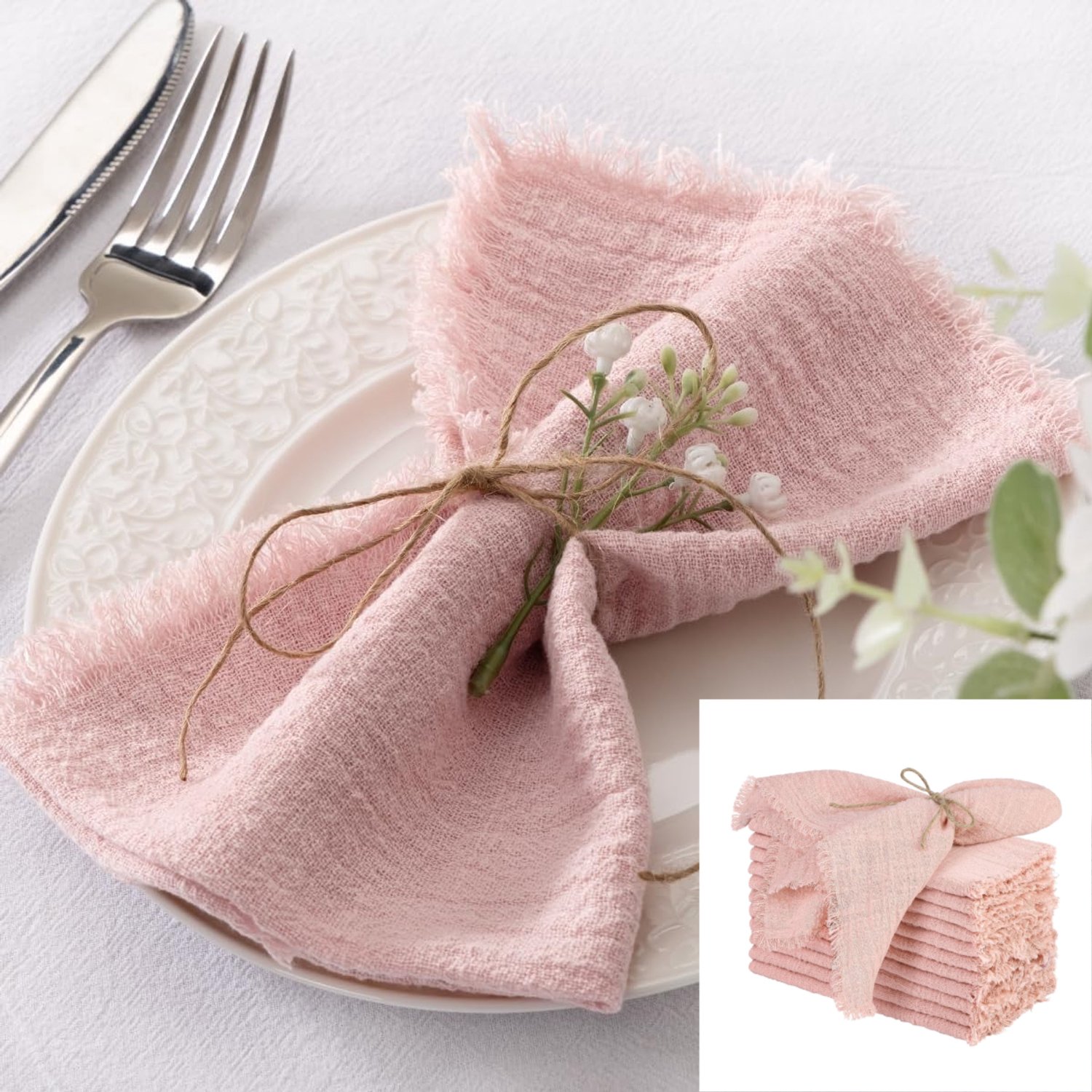 10 stuks stoffen servetten met franjes – katoen-linnen servetten in oudroze – wasbare dinerservetten – rustieke servetten van gaasstof met franjes voor bruiloft, feest, verjaardagsdecoratie