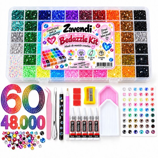 Zavendi Bedazzle Kit verpakking met 48.000 strass-steentjes, 60 kleuren, 5 tubes lijm en alle benodigde accessoires.