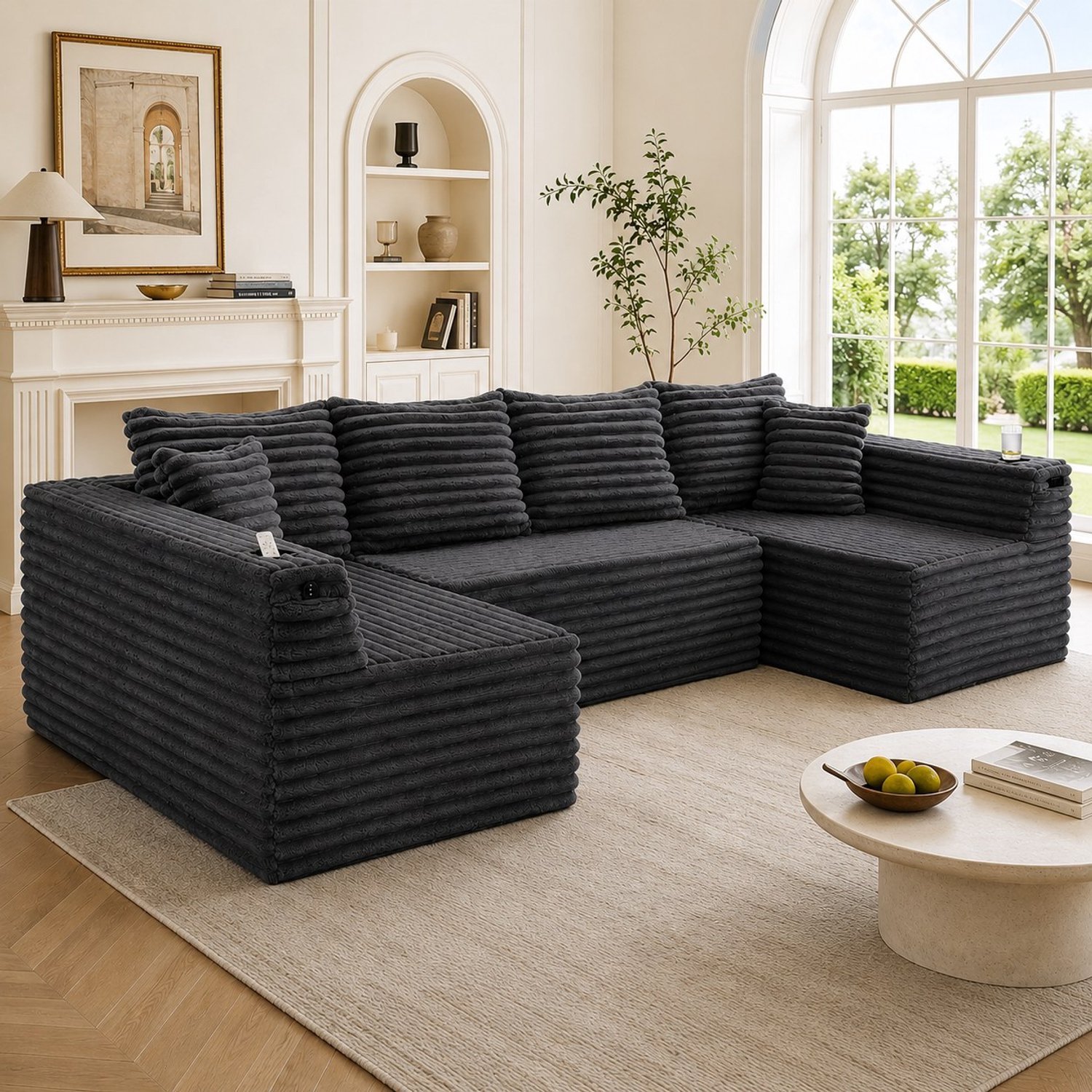 U-vormige hoekbank 6-zits - ribstof - bekerhouders en zijvak - 320x155 cm - donkergrijs