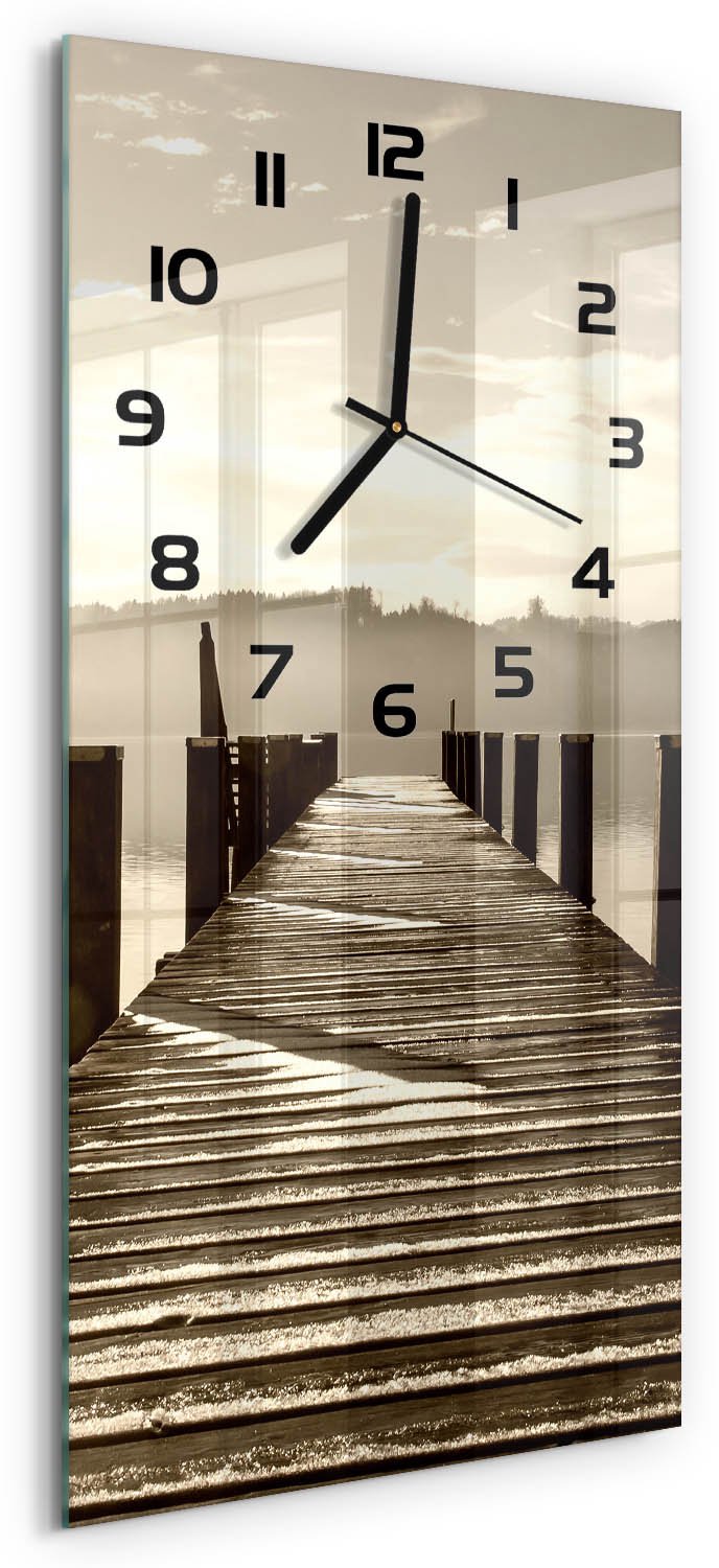 Tulup Wandklok - Houten brug Glazen Klok Met Print - 30x60 cm - Bruin Wandklok Glas Met Motief - Zwarte handen - Rechthoekige Klok - Wandklok Glas Decoratie - Gekleurde Glazen Klok