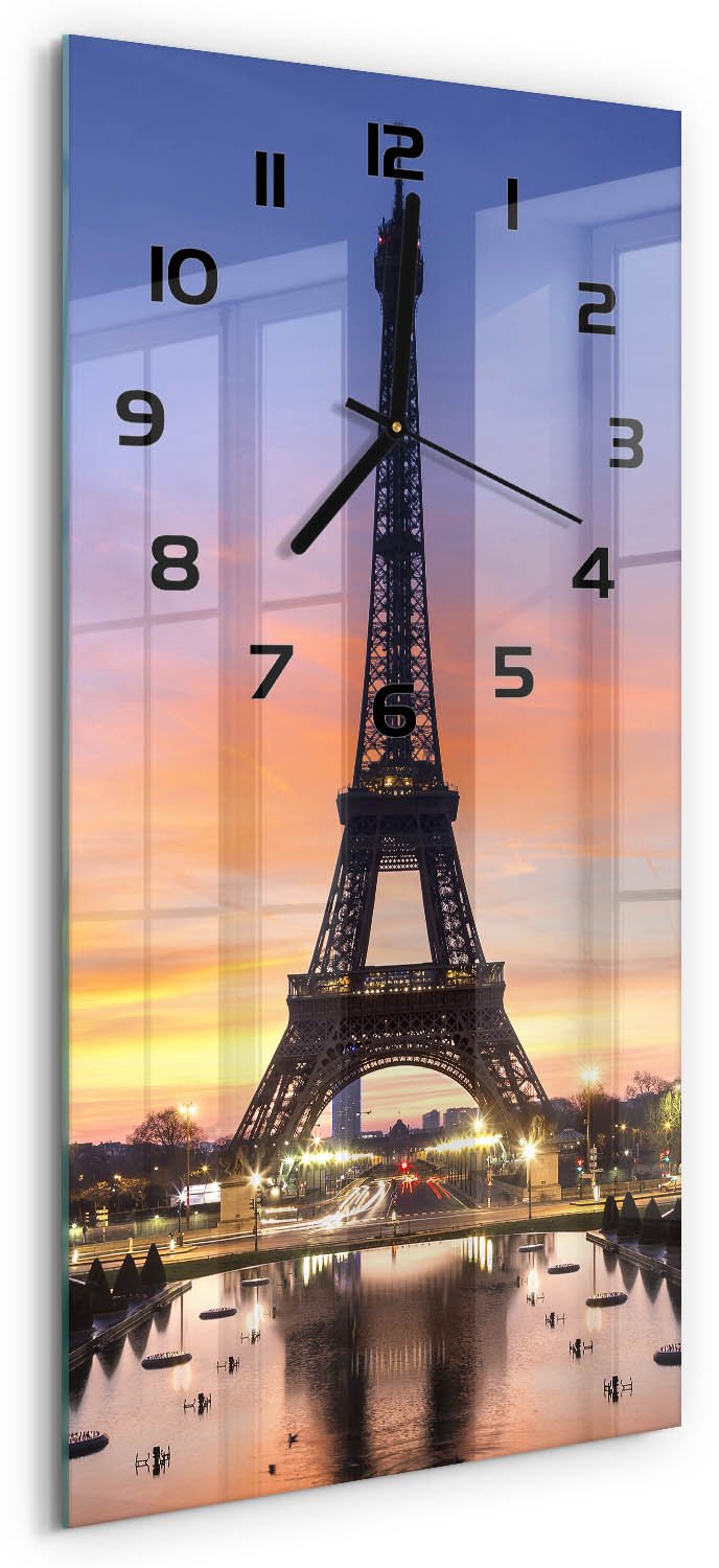 Tulup Wandklok - Eiffeltoren Parijs Gekleurde Glazen Klok - 30x60 cm - Oranje Glazen Klok Met Print - Zwarte handen - Rechthoekige Klok - Moderne Wandklok Glas - Wandklok Glas Decoratie