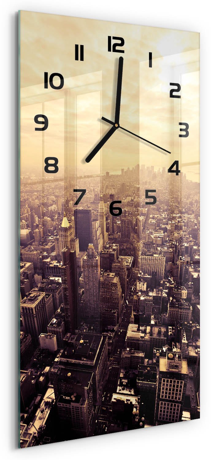 Tulup Wandklok - Manhattan, New York Glazen Klok Met Print - 30x60 cm - Geel Wandklok Glas Met Motief - Zwarte handen - Rechthoekige Klok - Wandklok Glas Decoratie - Gekleurde Glazen Klok