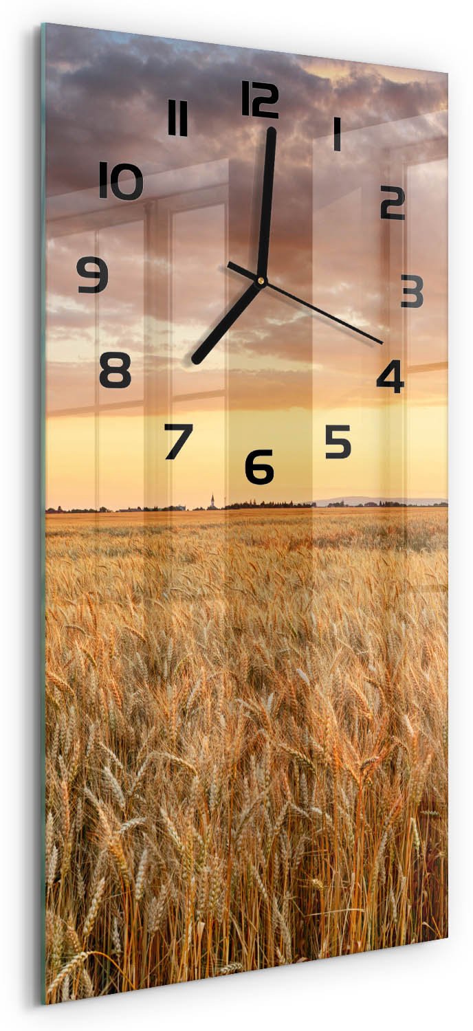 Tulup Wandklok - Tarweveld Klok Glas Met Opdruk - 30x60 cm - Geel Moderne Wandklok Glas - Zwarte handen - Rechthoekige Klok - Decoratieve Glazen Klok - Glazen Wandklok Design