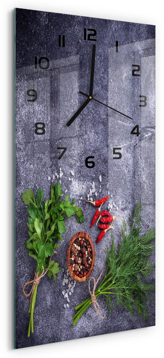 Tulup Wandklok - Kruiden en specerijen Klok Glas Met Opdruk - 30x60 cm - Groente Moderne Wandklok Glas - Zwarte handen - Rechthoekige Klok - Decoratieve Glazen Klok - Glazen Wandklok Design