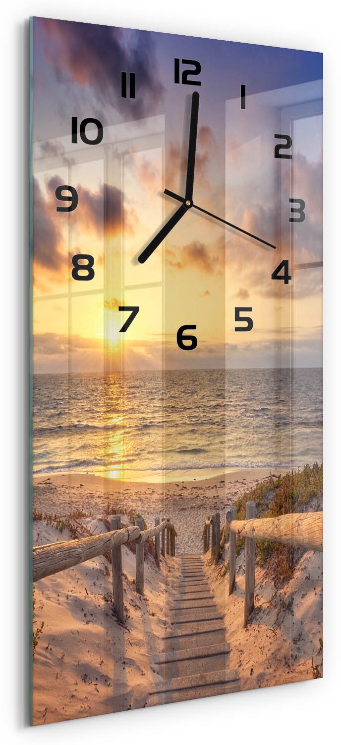 Tulup Wandklok - De weg naar het strand Gekleurde Glazen Klok - 30x60 cm - Geel Glazen Klok Met Print - Zwarte handen - Rechthoekige Klok - Moderne Wandklok Glas - Wandklok Glas Decoratie
