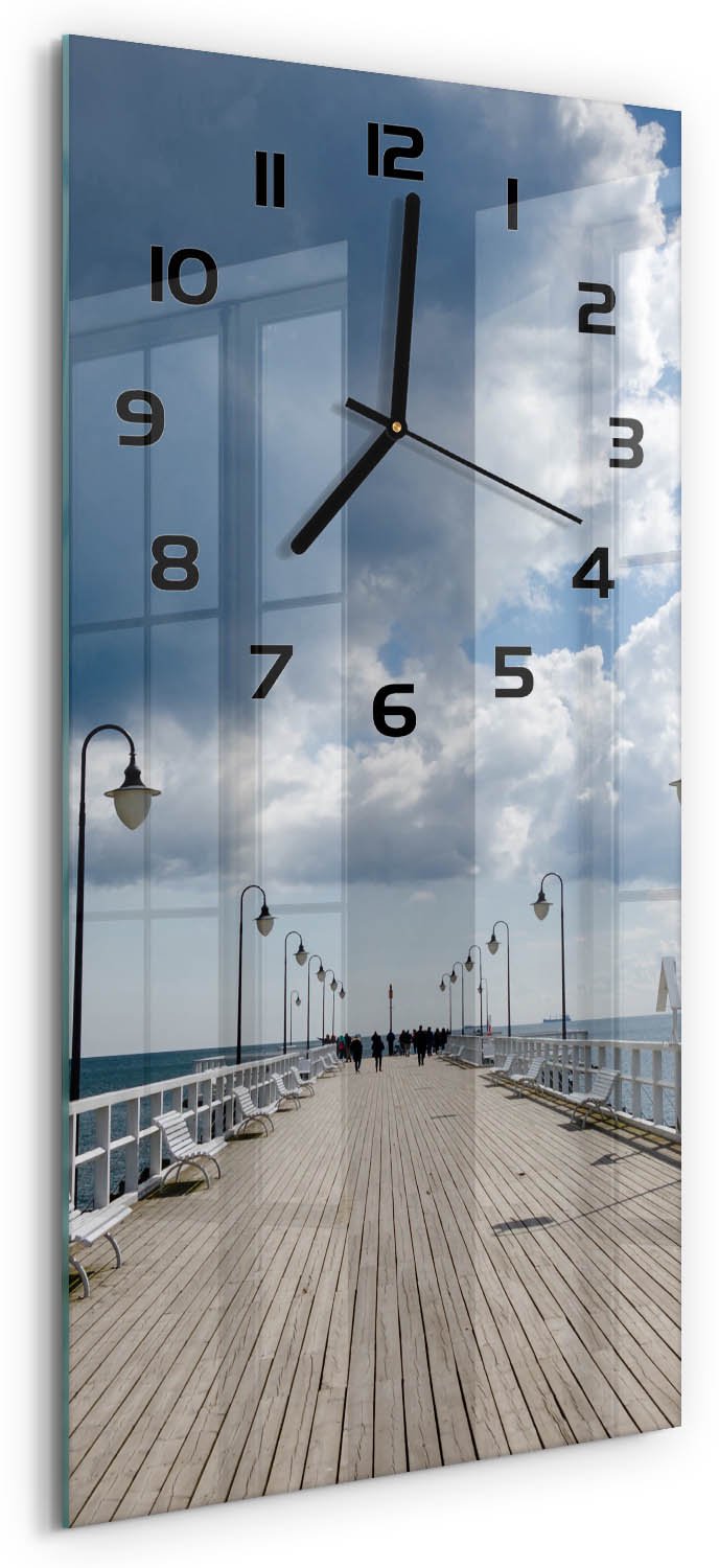Tulup Wandklok - Pier in Orłowo Gekleurde Glazen Klok - 30x60 cm - Blauw Glazen Klok Met Print - Zwarte handen - Rechthoekige Klok - Moderne Wandklok Glas - Wandklok Glas Decoratie