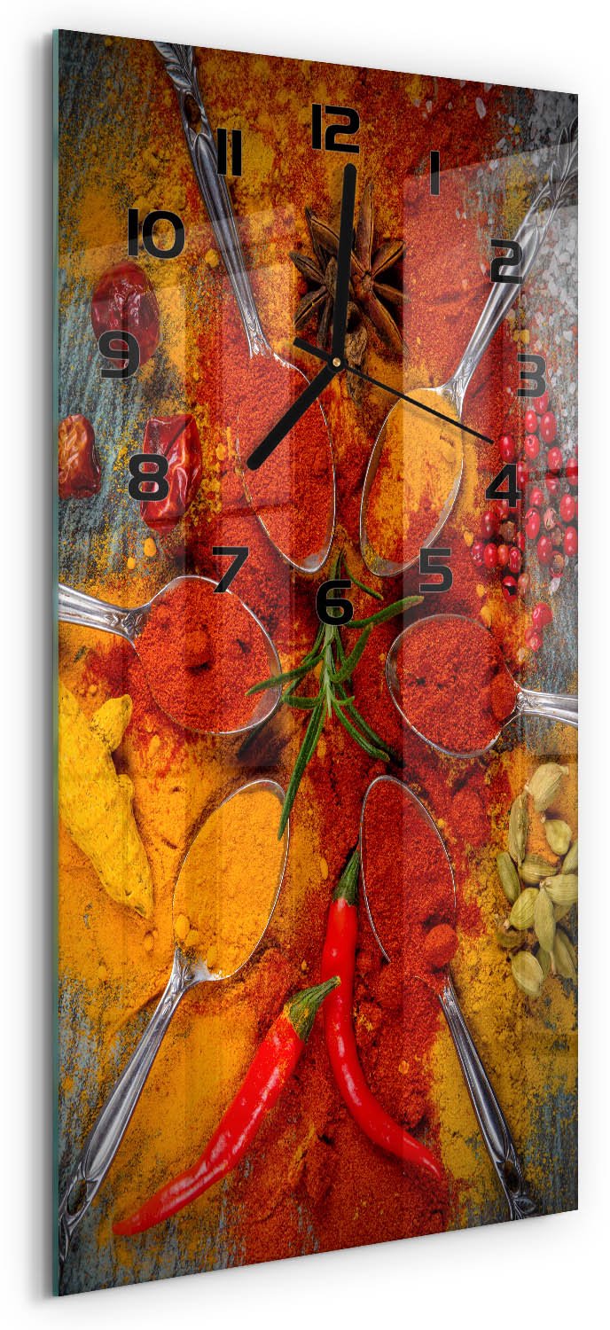 Tulup Wandklok - Specerijen Klok Glas Met Opdruk - 30x60 cm - Rood Moderne Wandklok Glas - Zwarte handen - Rechthoekige Klok - Decoratieve Glazen Klok - Glazen Wandklok Design