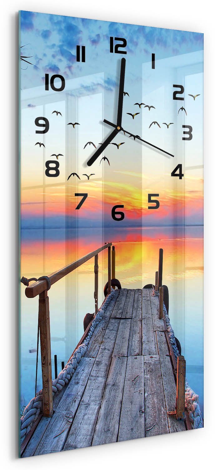 Tulup Wandklok - Houten brug Klok Glas Met Opdruk - 30x60 cm - Oranje Moderne Wandklok Glas - Zwarte handen - Rechthoekige Klok - Decoratieve Glazen Klok - Glazen Wandklok Design