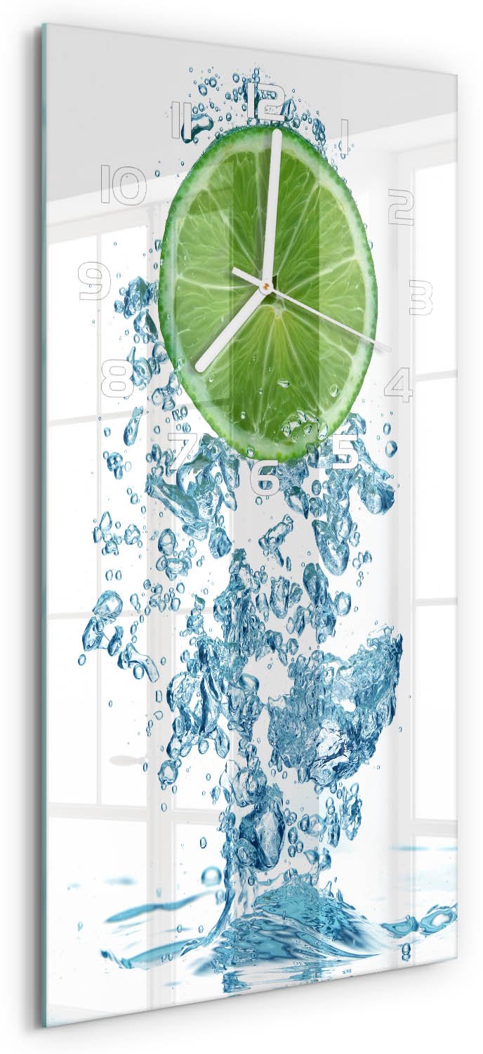Tulup Wandklok - Kalk onder water Klok Glas Met Opdruk - 30x60 cm - Groente Moderne Wandklok Glas - Witte handen - Rechthoekige Klok - Decoratieve Glazen Klok - Glazen Wandklok Design