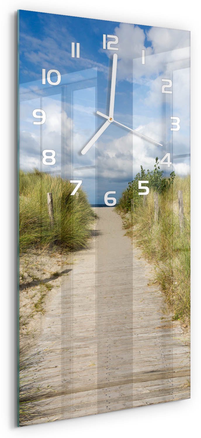 Tulup Wandklok - De weg naar het strand Decoratieve Glazen Klok - 30x60 cm - Groente Glazen Wandklok Design - Witte handen - Rechthoekige Klok - Glazen Klok Met Print - Wandklok Glas Met Motief