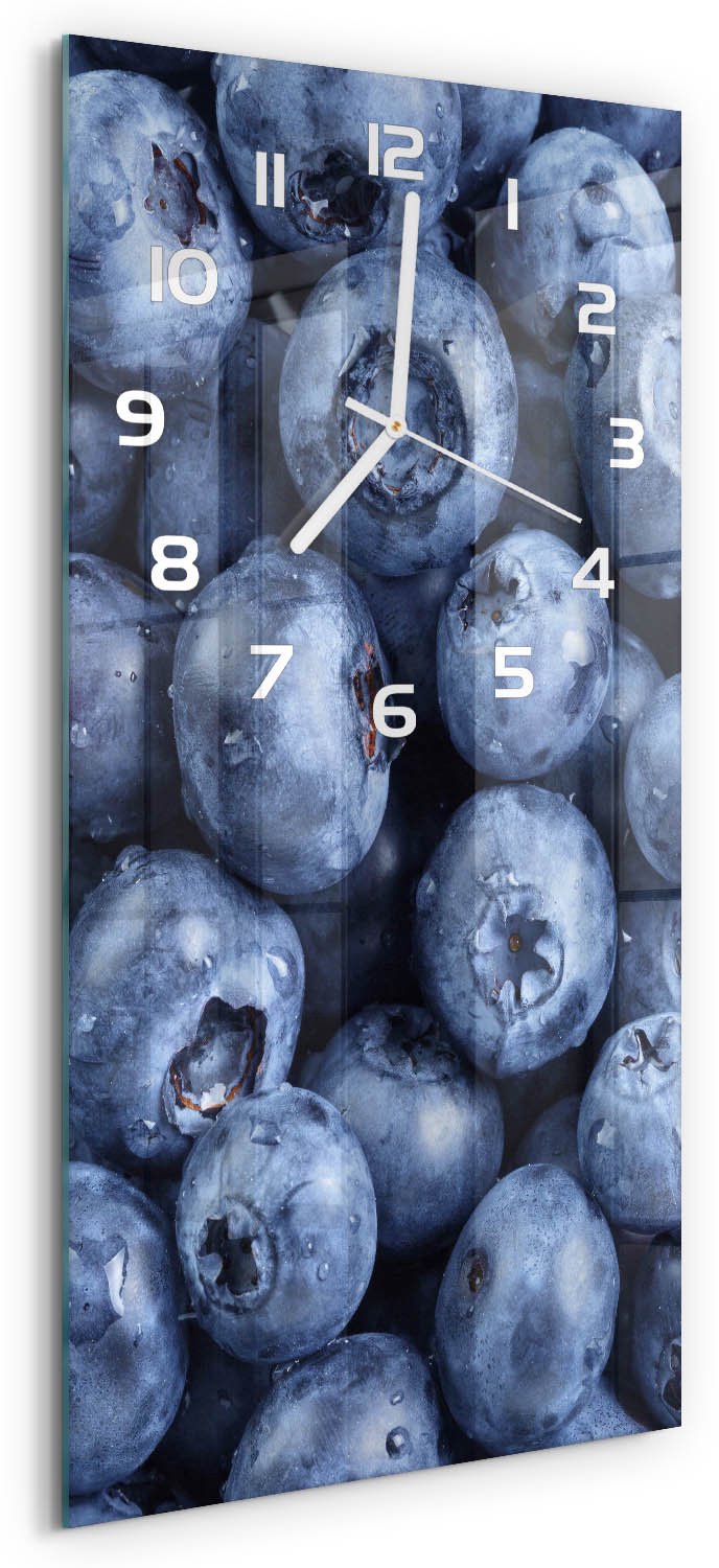 Tulup Wandklok - Bosbessen Glazen Klok Met Print - 30x60 cm - Blauw Wandklok Glas Met Motief - Witte handen - Rechthoekige Klok - Wandklok Glas Decoratie - Gekleurde Glazen Klok