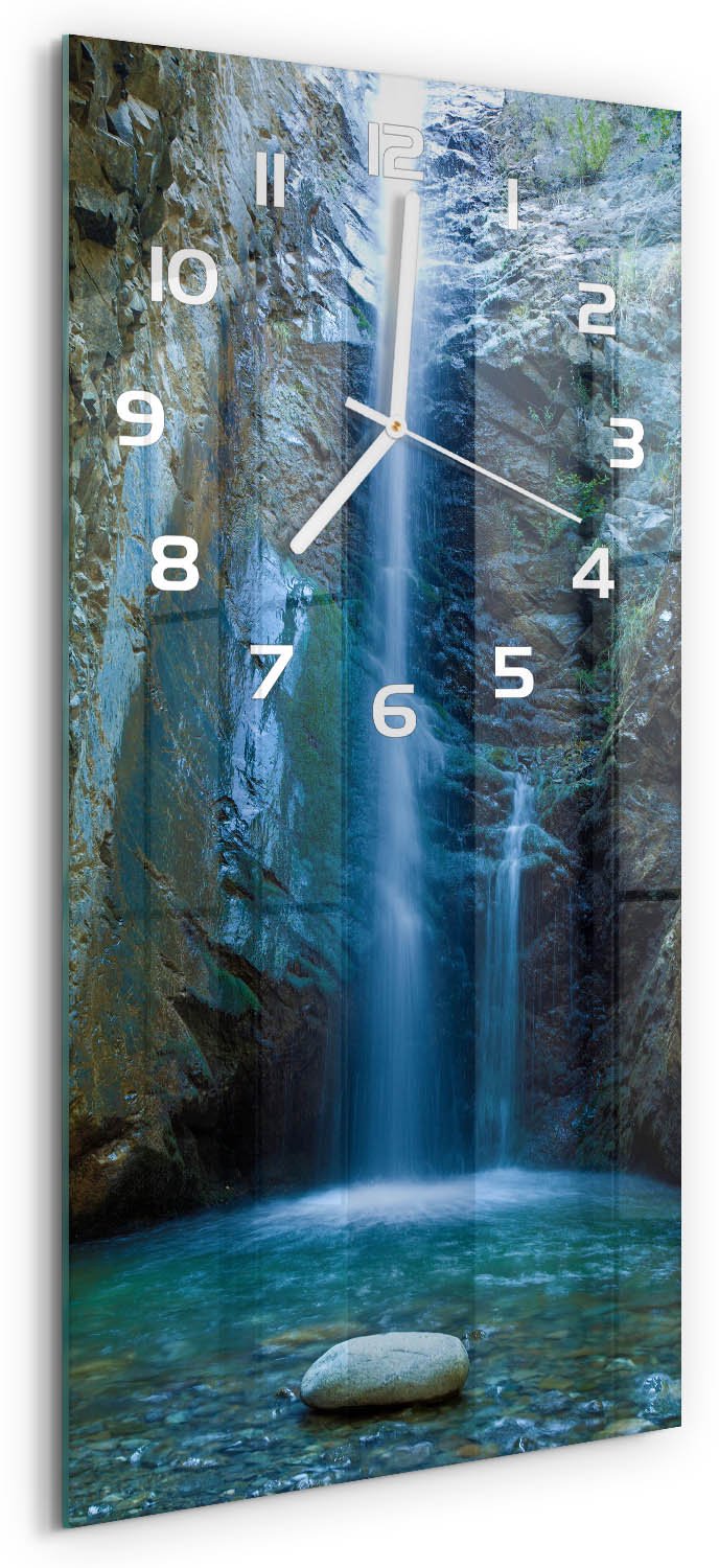 Tulup Wandklok - Waterval Klok Glas Met Opdruk - 30x60 cm - Blauw Moderne Wandklok Glas - Witte handen - Rechthoekige Klok - Decoratieve Glazen Klok - Glazen Wandklok Design