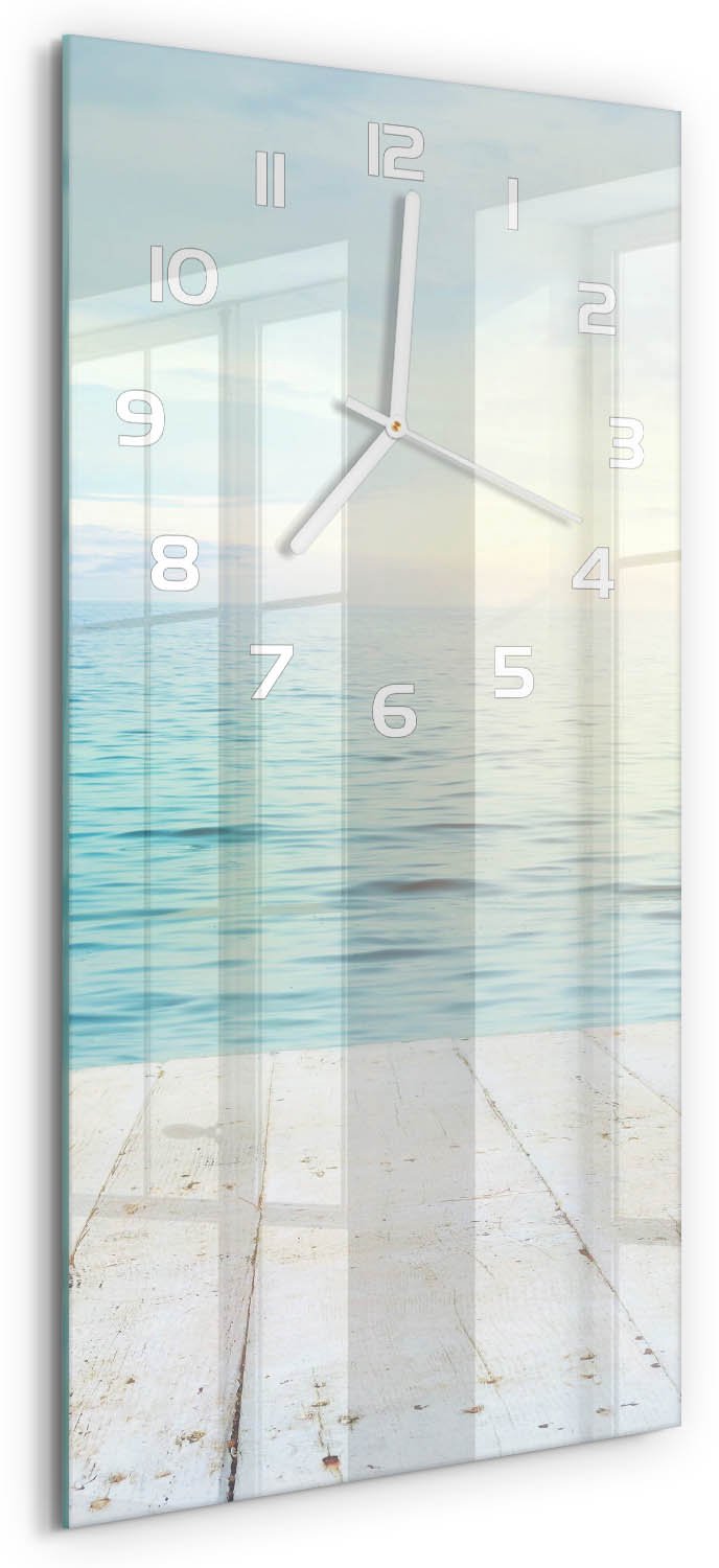 Tulup Wandklok - Zee Decoratieve Glazen Klok - 30x60 cm - Blauw Glazen Wandklok Design - Witte handen - Rechthoekige Klok - Glazen Klok Met Print - Wandklok Glas Met Motief