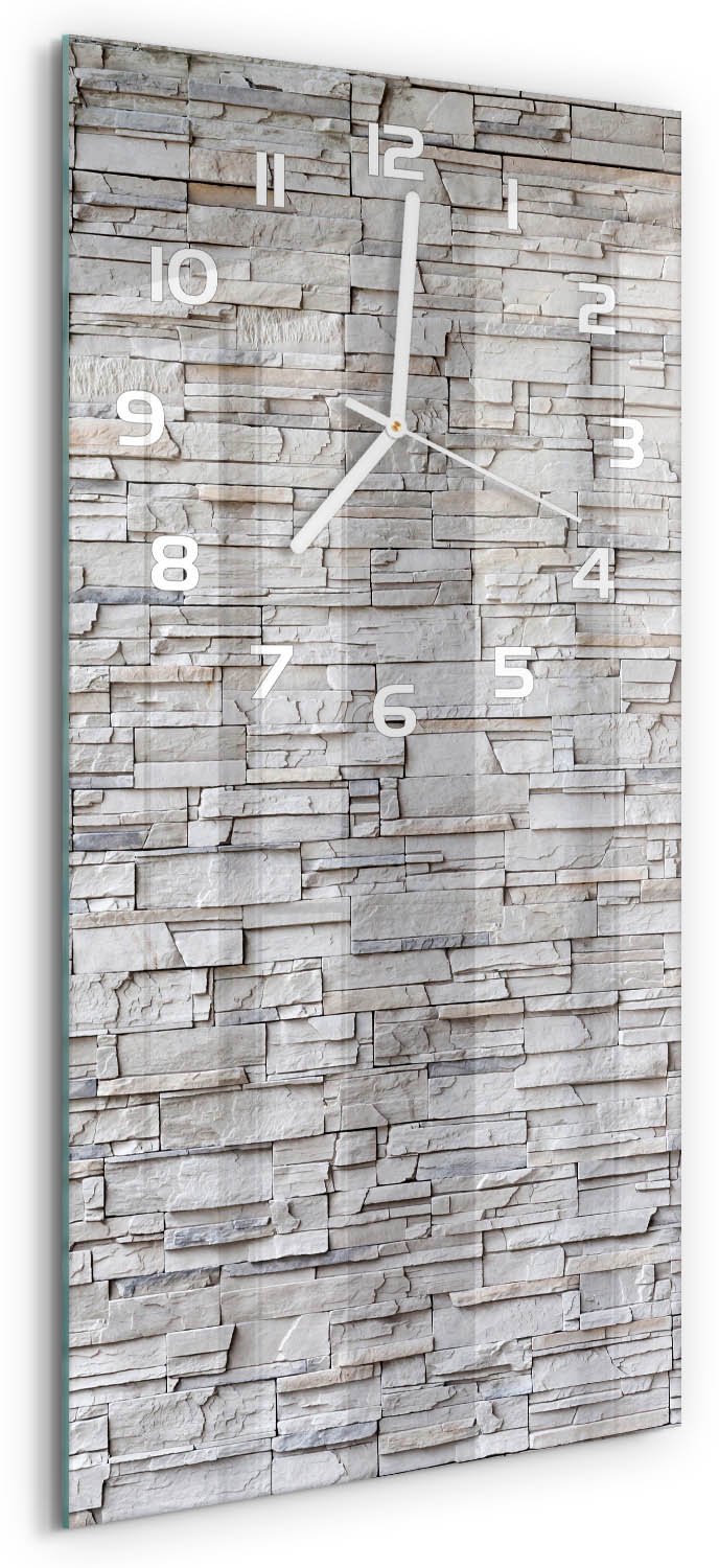 Tulup Wandklok - Stenen muur Wandklok Glas Met Motief - 30x60 cm - Beige Decoratieve Glazen Klok - Witte handen - Rechthoekige Klok - Gekleurde Glazen Klok - Glazen Klok Met Print