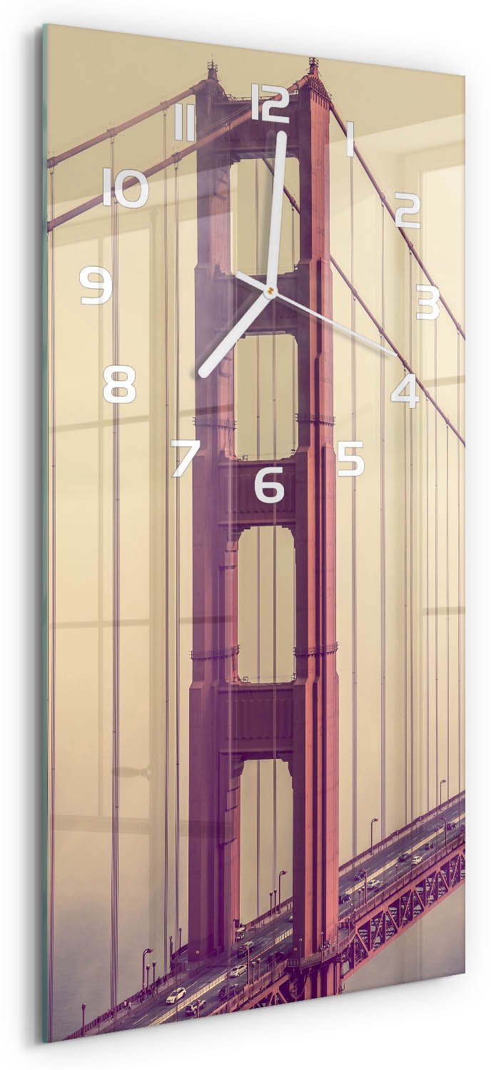 Tulup Wandklok - San Francisco-brug Moderne Wandklok Glas - 30x60 cm - Rood Wandklok Glas Decoratie - Witte handen - Rechthoekige Klok - Glazen Wandklok Design - Klok Glas Met Opdruk