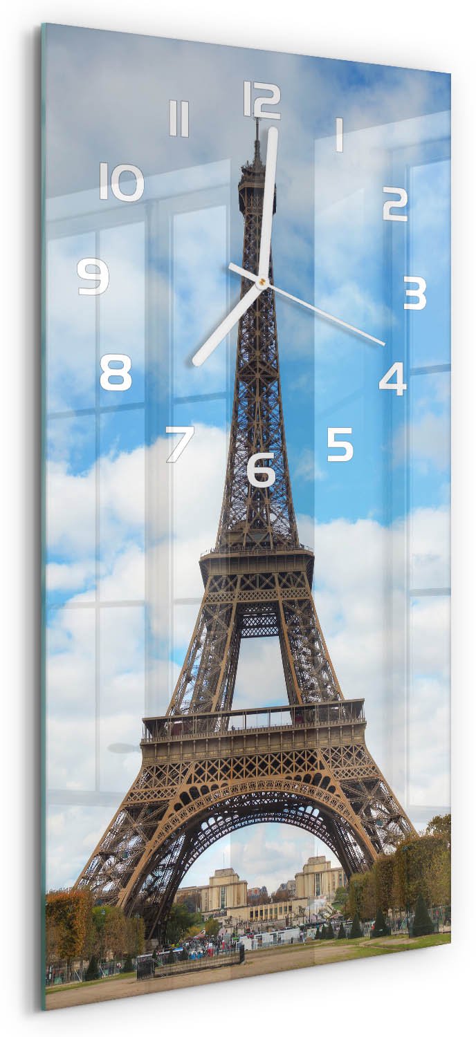 Tulup Wandklok - Eiffeltoren Parijs Decoratieve Glazen Klok - 30x60 cm - Blauw Glazen Wandklok Design - Witte handen - Rechthoekige Klok - Glazen Klok Met Print - Wandklok Glas Met Motief