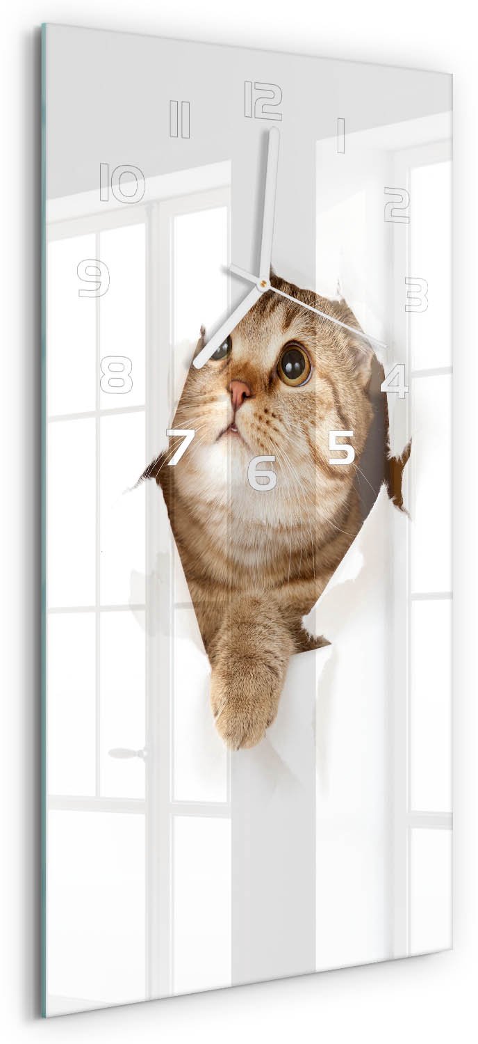 Tulup Wandklok - Kat Glazen Wandklok Design - 30x60 cm - Beige Klok Glas Met Opdruk - Witte handen - Rechthoekige Klok - Wandklok Glas Met Motief - Decoratieve Glazen Klok