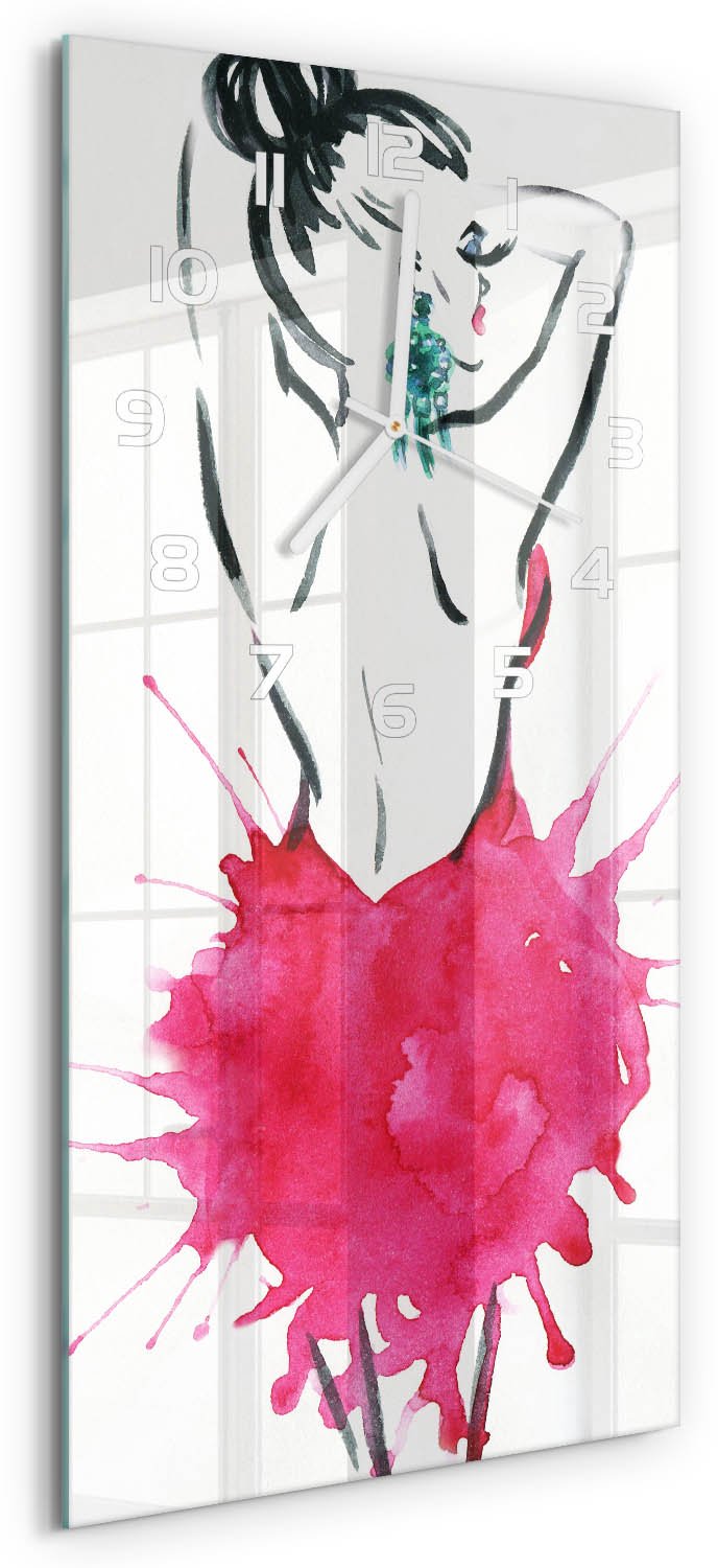Tulup Wandklok - Mode-illustratie Glazen Wandklok Design - 30x60 cm - Roze Klok Glas Met Opdruk - Witte handen - Rechthoekige Klok - Wandklok Glas Met Motief - Decoratieve Glazen Klok