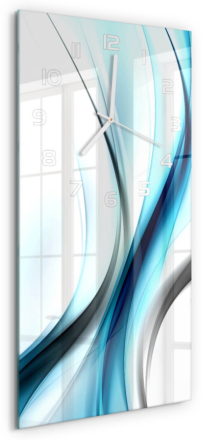 Tulup Wandklok - Golfabstractie Moderne Wandklok Glas - 30x60 cm - Blauw Wandklok Glas Decoratie - Witte handen - Rechthoekige Klok - Glazen Wandklok Design - Klok Glas Met Opdruk