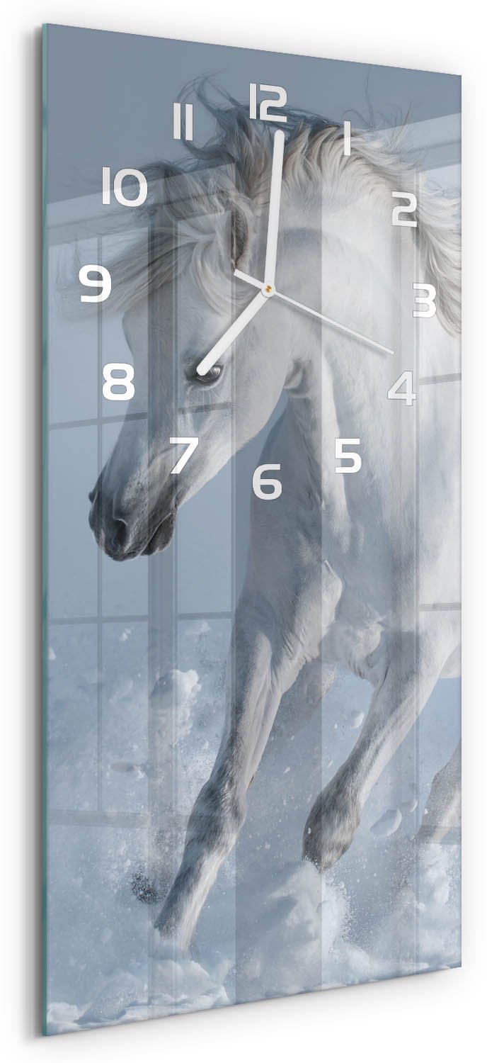 Tulup Wandklok - Galopperend grijs paard Klok Glas Met Opdruk - 30x60 cm - Wit Moderne Wandklok Glas - Witte handen - Rechthoekige Klok - Decoratieve Glazen Klok - Glazen Wandklok Design