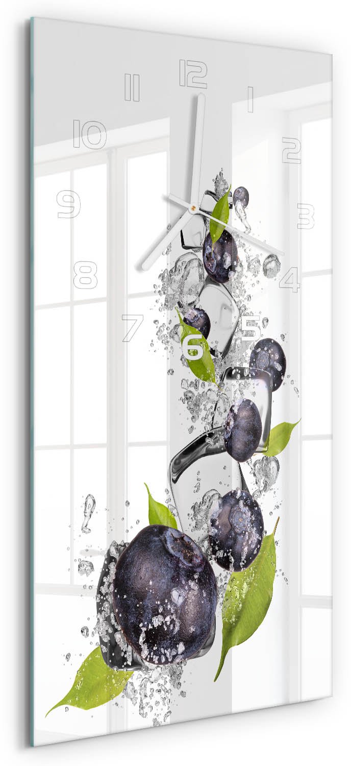 Tulup Wandklok - Bosbessen met ijs Decoratieve Glazen Klok - 30x60 cm - Zwart Glazen Wandklok Design - Witte handen - Rechthoekige Klok - Glazen Klok Met Print - Wandklok Glas Met Motief
