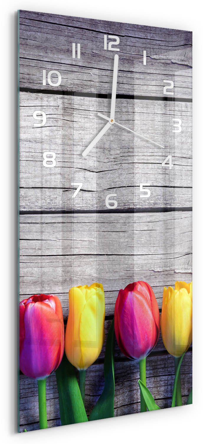 Tulup Wandklok - Tulpen op hout Decoratieve Glazen Klok - 30x60 cm - Veelkleurig Glazen Wandklok Design - Witte handen - Rechthoekige Klok - Glazen Klok Met Print - Wandklok Glas Met Motief