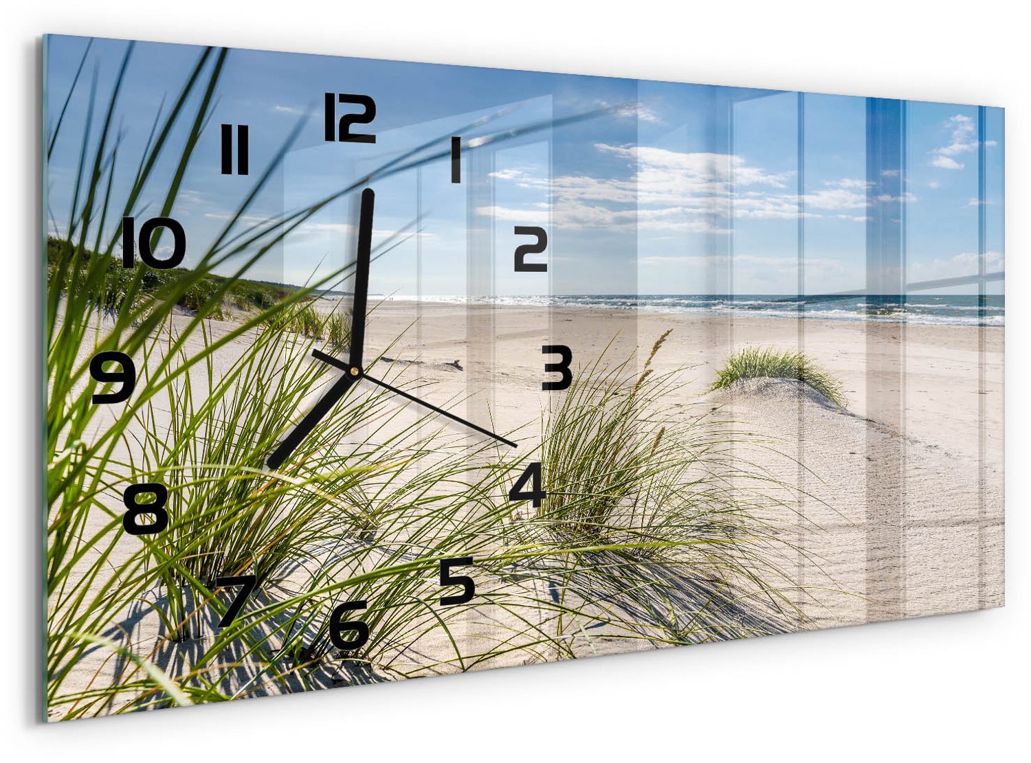 TULUP Wandklok - Mrzeżyno-strand Glazen Klok Met Print - 60x30 cm - Blauw Wandklok Glas Met Motief - Zwarte handen - Rechthoekige Klok - Wandklok Glas Decoratie - Gekleurde Glazen Klok