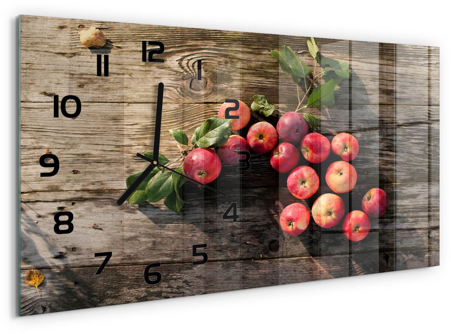 TULUP Wandklok - Appels op tafel Klok Glas Met Opdruk - 60x30 cm - Rood Moderne Wandklok Glas - Zwarte handen - Rechthoekige Klok - Decoratieve Glazen Klok - Glazen Wandklok Design