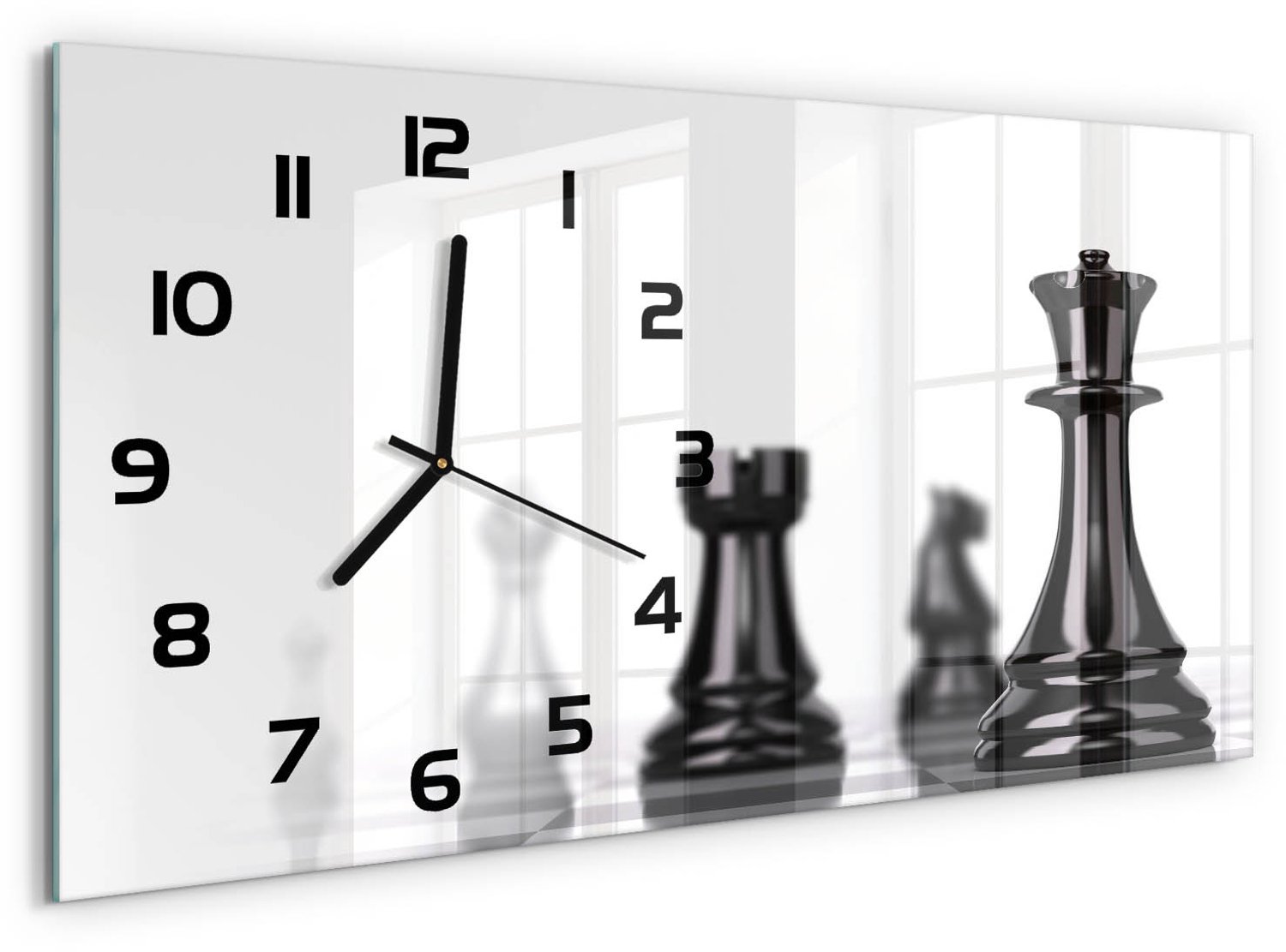 TULUP Wandklok - Schaakbord Glazen Klok Met Print - 60x30 cm - Zwart-wit Wandklok Glas Met Motief - Zwarte handen - Rechthoekige Klok - Wandklok Glas Decoratie - Gekleurde Glazen Klok