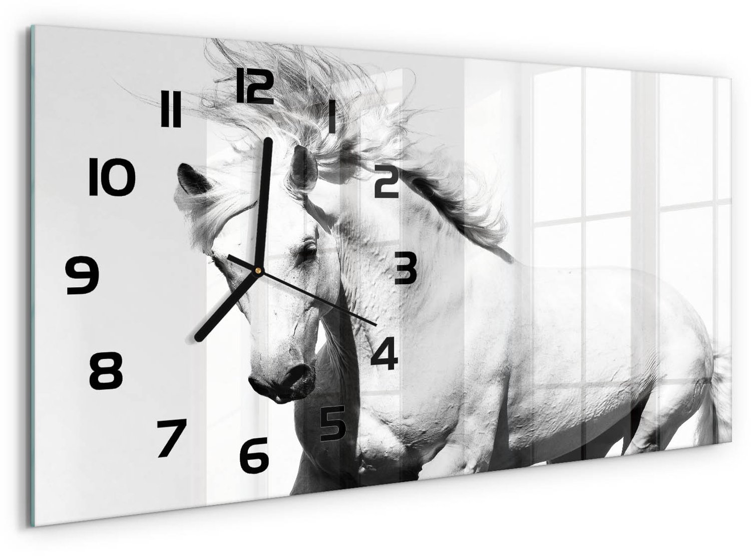 TULUP Wandklok - Wit Paard Glazen Wandklok Design - 60x30 cm - Wit Klok Glas Met Opdruk - Zwarte handen - Rechthoekige Klok - Wandklok Glas Met Motief - Decoratieve Glazen Klok