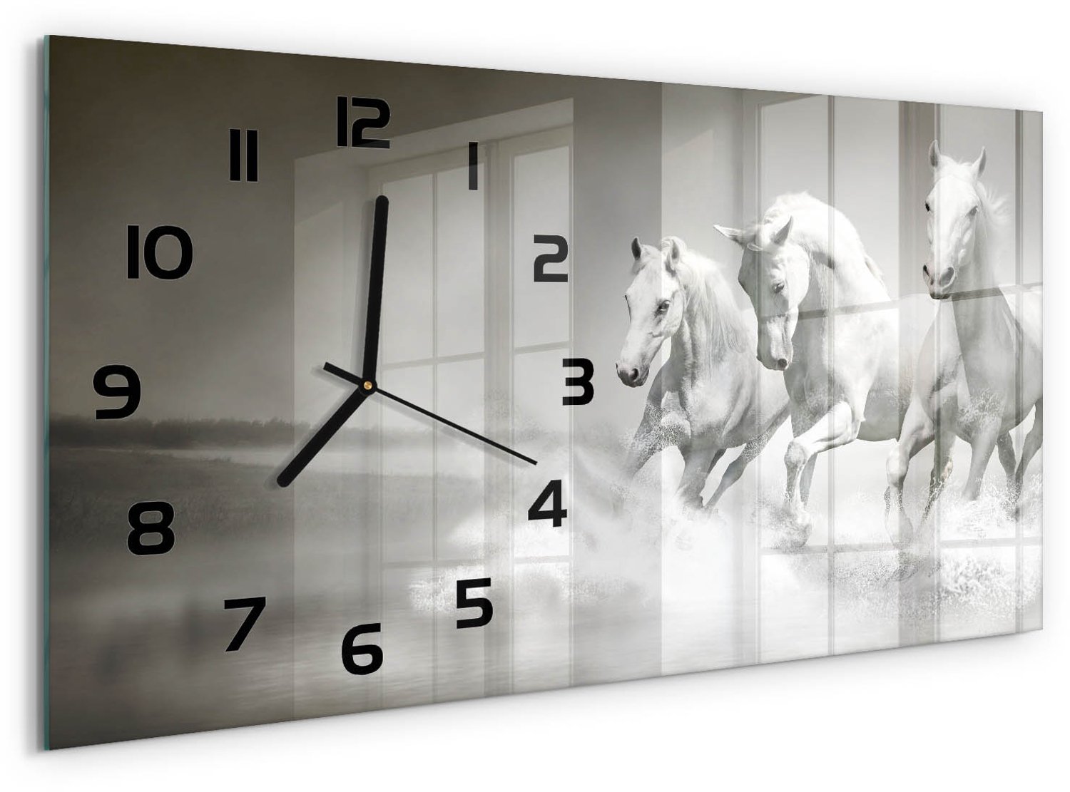 TULUP Wandklok - Witte paarden Gekleurde Glazen Klok - 60x30 cm - Wit Glazen Klok Met Print - Zwarte handen - Rechthoekige Klok - Moderne Wandklok Glas - Wandklok Glas Decoratie