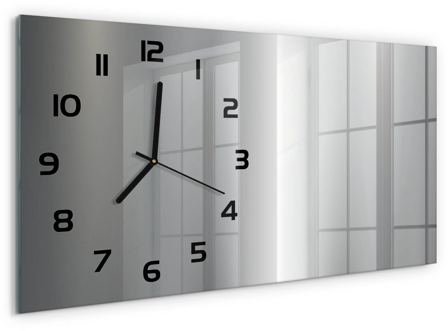 TULUP Wandklok - Metalen achtergrond Glazen Wandklok Design - 60x30 cm - Zilver Klok Glas Met Opdruk - Zwarte handen - Rechthoekige Klok - Wandklok Glas Met Motief - Decoratieve Glazen Klok